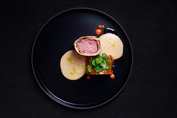 Fototapeta na wymiar beef Wellington, classic steak, grill and barbeque, meat restaurant menu, juicy meat, traditional english food. professional culinary