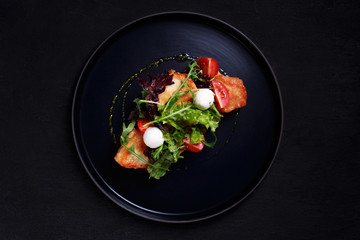 traditional Danish open sandwich smorrebrod, toast for breakfast or lunch with rye bread, grilled chicken and mozzarella, healthy and delicious snack, chef making food