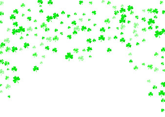 Clover background for Saint Patricks Day.  Lucky trefoil confetti. Glitter frame of shamrock leaves. Template for voucher, special business ad, banner. Happy clover background.
