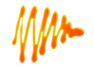 Sweet caramel sauce isolated on white background, top view.