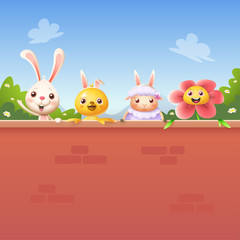 Happy friends celebrate Easter behind wall - bunny chicken sheep and flower