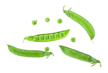 Top view of fresh green pea pods and peas on white background