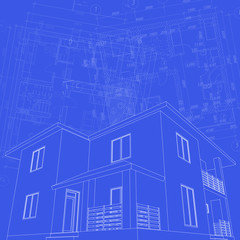 Perspective 3D and floor plan  suburban house. Drawing of the modern building. Cottage project on blue background. Vector architectural blueprint.