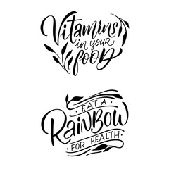 Fototapeta premium Vector logo design template in trendy linear style with hand-lettering - eat healthy - vegetarian and organic food badge or emblem for food packaging - label.