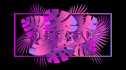 Spring, summer banner with tropical neon leaves on black background. Exotic design for seasonal sales, party invitations, poster, banner, greeting card, web page. Vector illustration