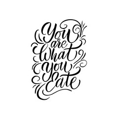 Vector logo design template in trendy linear style with hand-lettering - You are what you eate - vegetarian and organic food badge or emblem for food packaging - label.