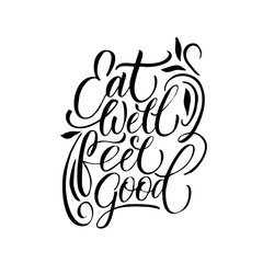 Vector logo design template in trendy linear style with hand-lettering - Eat well feel good - vegetarian and organic food badge or emblem for food packaging - label.