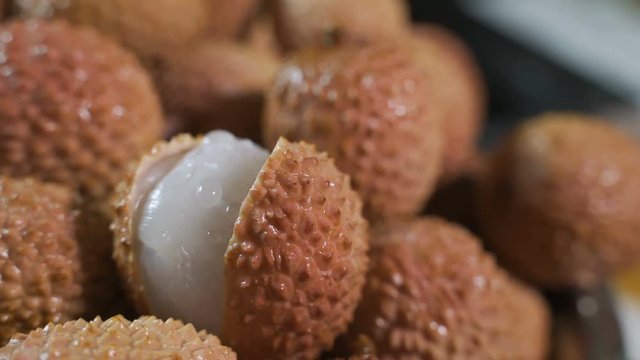 4k Close up ,dolly shot of red exotic Chinese lychee fruits