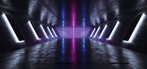 Futuristic Sci Fi Alien Ship Modern Dark Empty Reflective Grunge Concrete Tunel Corridor With Big Hall Wall Lights And Neon Blue Purple Glowing Lines 3D Rendering