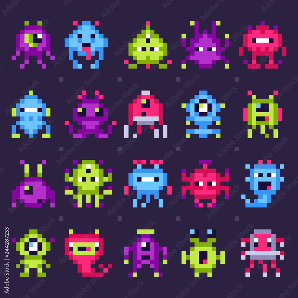 Poster pixel space monsters. arcade video games robots, retro game invaders pixel art isolated vector set