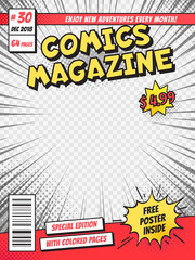 Fototapeta premium Comic book cover. Comics books title page, funny superhero magazine isolated vector template