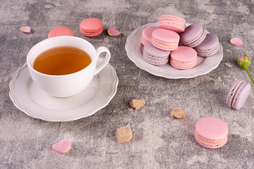 Wedding, St. Valentine's Day, birthday, preparation, holiday. Beautiful pink tasty macaroons on a...