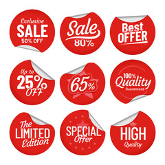 Sale sticker. Shopping tag label, red on sale stickers with bent edge and price off labels isolated vector set