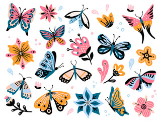 Spring flowers and butterflies. Colorful garden flower, floral decor and elegant butterfy isolated vector set