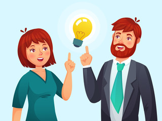 Couple having idea. Husband and wife have solution, adult male and female solved problem or ideas lamp cartoon vector illustration