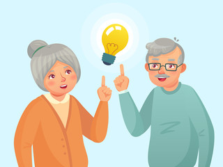 Seniors idea. Old people couple have idea, elderly senior thinking issue. Grandfather and grandmother cartoon vector illustration