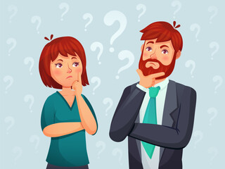 Thinking couple. Thoughtful man and woman, confused troubled question and people finding answer cartoon vector illustration