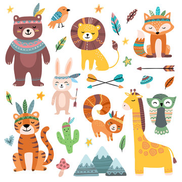 Funny tribal animals. Woodland baby animal, cute wild forest fox and jungle tribals zoo isolated cartoon vector character set