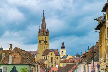 Fototapeta na wymiar A view to the Sibiu city center and Lutheran Cathedral of Saint Mary in the Transylvania region, Romania