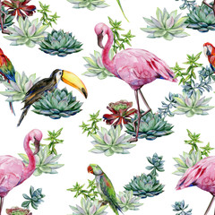 Watercolor succulents seamless pattern. Watercolor of medium-sized green Alexandrine parrot. Scarlet macaw parrot. Ara macao. Toucan bird. Ramphastos.Watercolor illustration of tropical pink flamingo.