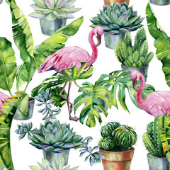 Seamless watercolor pattern with cactus and succulents in pots. Tropical leaves, dense jungle and pink flamingo birds. Pattern with tropic summertime motif.