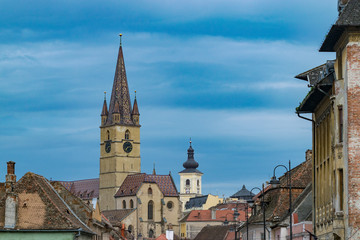 Fototapeta premium Lutheran Cathedral of Saint Mary on a beautiful sunny summer day in Sibiu, Transylvania region, Romania