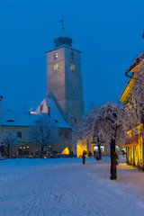 Council Tower of Sibiu on a winter evening in the Big Square, Sibiu, Transylvania Region, Romania