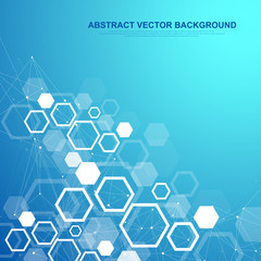 Abstract medical background DNA research, molecule, genetics, genome, DNA chain. Genetic analysis art concept with hexagons, lines, dots. Biotechnology network concept molecule, vector illustration
