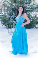 Fototapeta na wymiar Arabic modern woman in long romantic fashionable dress, womens fashion, cold season 