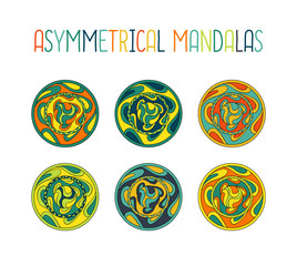 Asymmetrical colorful mandala design set with drops in a circle geometric shape. Simple logotype for yoga school