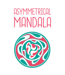 Asymmetrical pink and blue mandala design with drops in a circle geometric shape. Simple logotype for yoga school