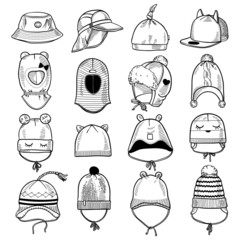 Set of 16 fashion kids caps and hats sketches: knitted hats, hats with a pompom, snap-back cap, beanies with laces, helmet hat, panama etc. Vector ink hand drawn illustration on white background