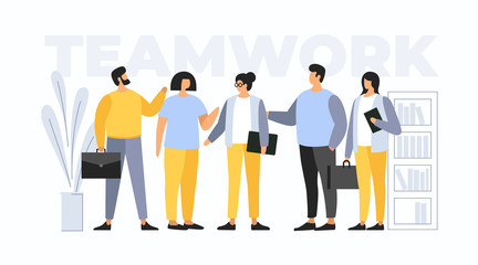 Concept teamwork. Meeting business people. The team young businessmen discusses discussing new projects. Solution of business problems. Vector flat illustration.