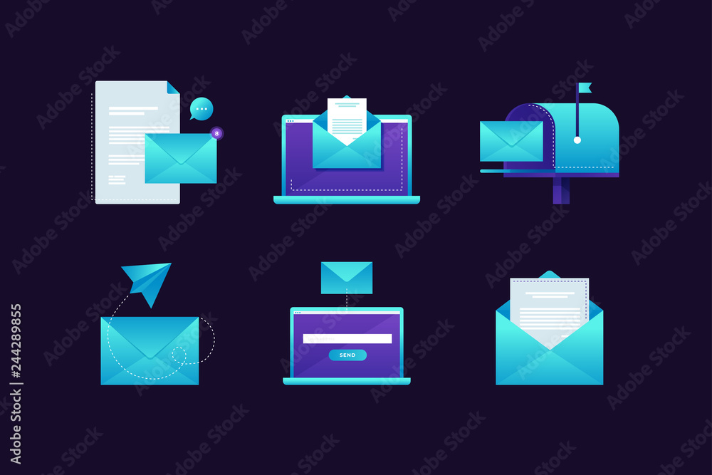 Poster set of icons on the subject of email. the concept of communication on the internet. modern email int