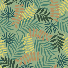 Fototapeta premium Tropical background with palm leaves. Seamless floral pattern. Summer vector illustration. Flat jungle print