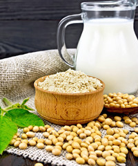 Flour soy in bowl with soybeans and milk on sacking