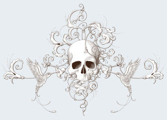 Vintage decorative element engraving with Baroque ornament, skull and birds