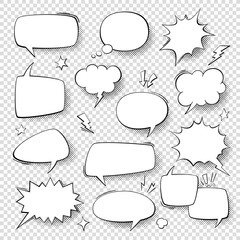 Speech bubbles. Vintage word bubbles, retro bubbly comic shapes. Thinking clouds with halftone vector set