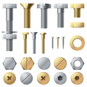 Bolts and screws. Washer nut hardware rivet screw and bolt. Chrome fasteners isolated vector set