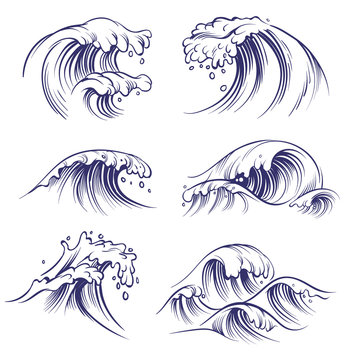 Sketch wave. Ocean sea waves splash. Hand drawn surfing storm wind water doodle vector collection