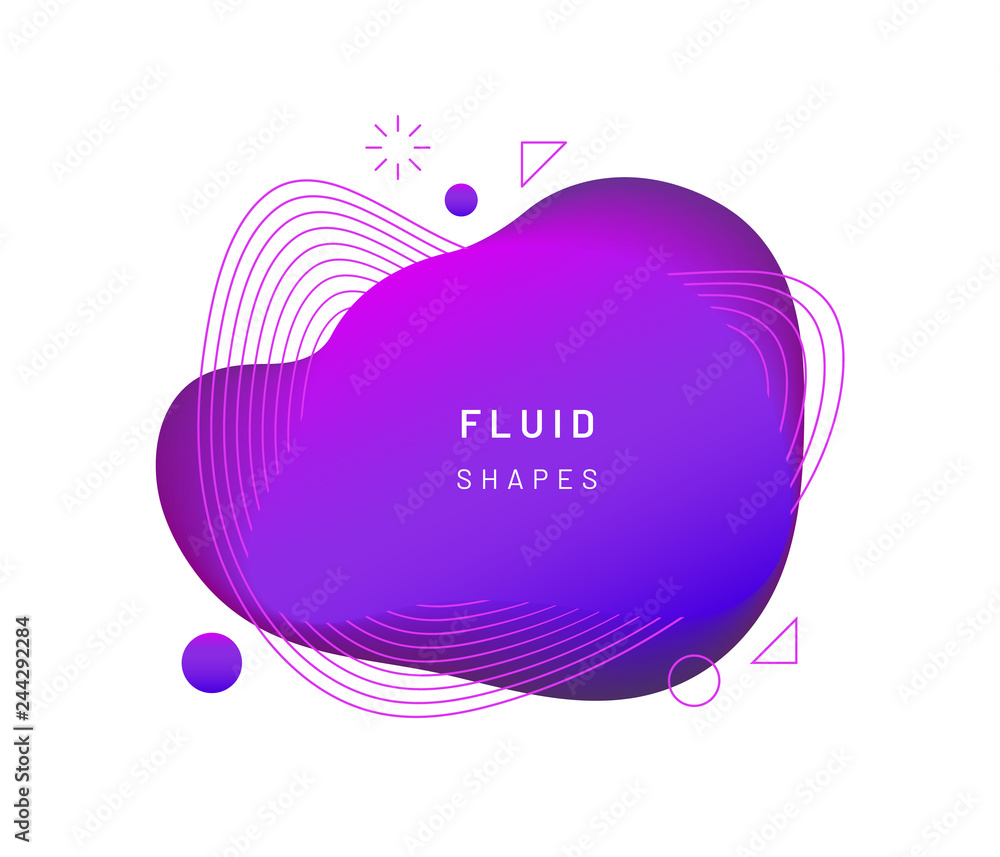 Aufkleber Violet dynamic light on fluid blotch. Gradient liquid blob with circles, triangle and wavy lines. Modern abstract background for card design or logo template. Dynamical colored shapes