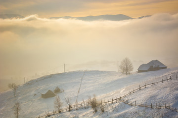 Magical winter mountain landscape on wild Transylvania mountain hills.
