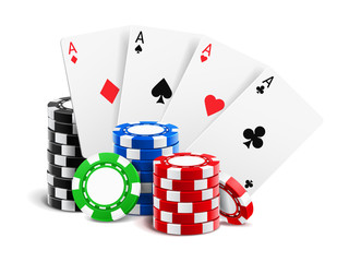 Playing cards near stack of casino 3d chips or aces of spades, diamond, hearts and clubs near realistic gambling tokens for sport poker, blackjack. Gamble and game, online casino theme