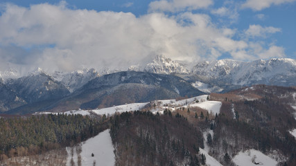 Beautiful day of winter on magical wild Transylvania mountain hills.
