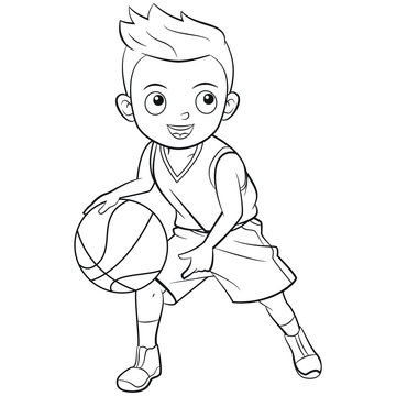 recommend clip art: Cartoon boy playing basketball in outline