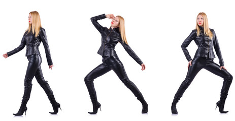 Dancing woman in black leather costume