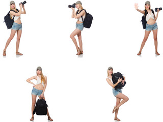 Beautiful woman in shorts with backpack and camera 