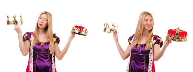 Beautiful woman with crown isolated on white 
