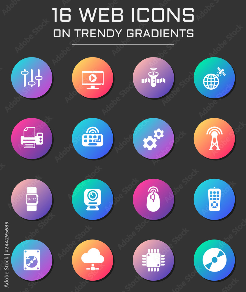 Poster hi tech icon set. hi tech web icons on round trendy gradients