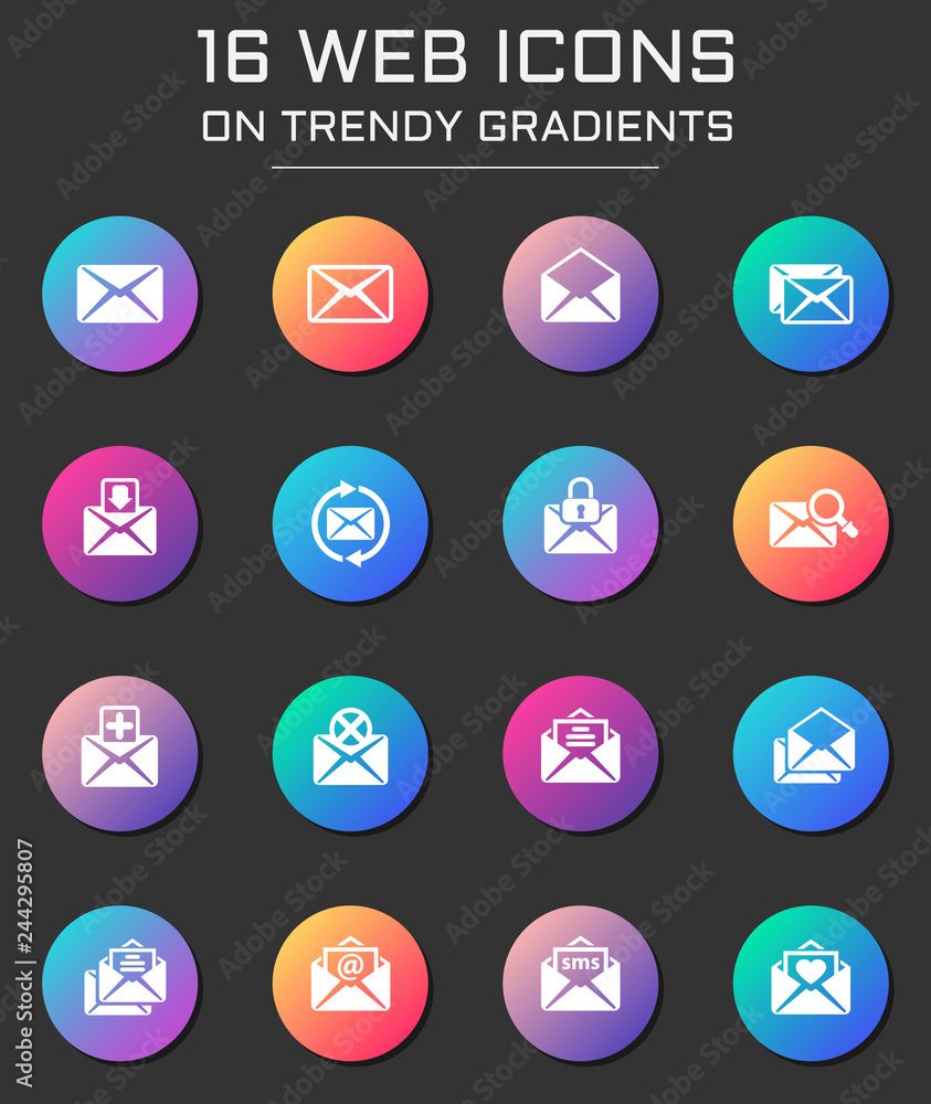 Poster mail icon set. mail web icons on round trendy gradients